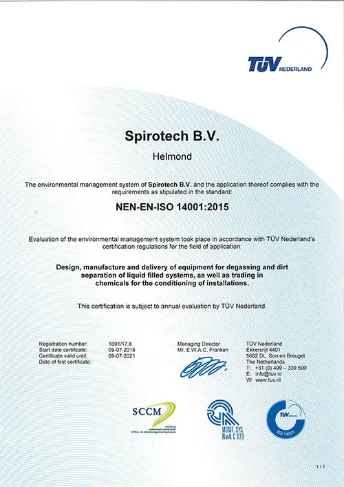 Spirotech ISO 14001 - TUV Zertifikat