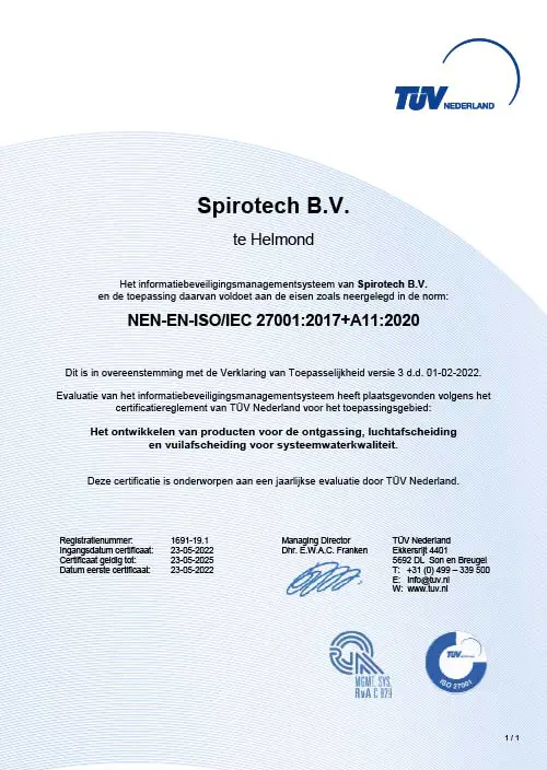 TUV Zertifikat ISO 27001 - Spirotech