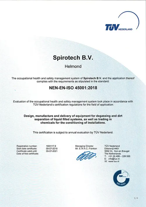 Spirotech ISO 45001 - TUV Zertifikat