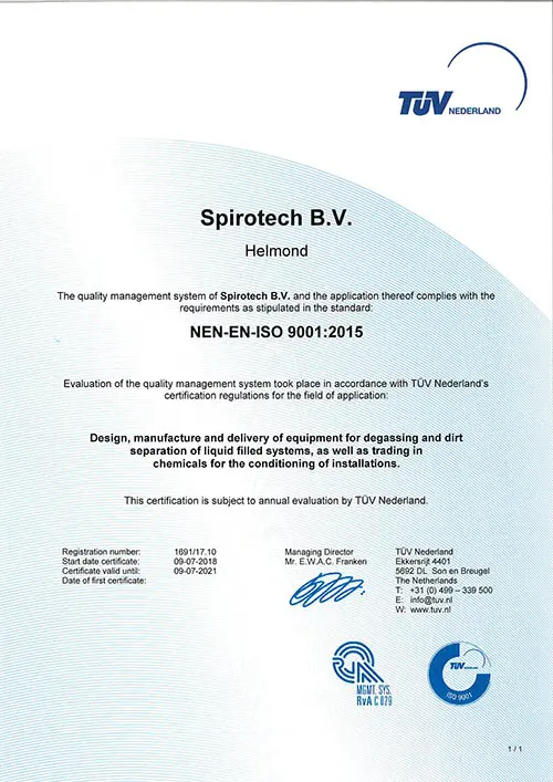 Spirotech ISO 9001 - TUV Zertifikat