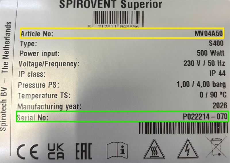 Productlabel Spirotech SpiroVent Superior S250